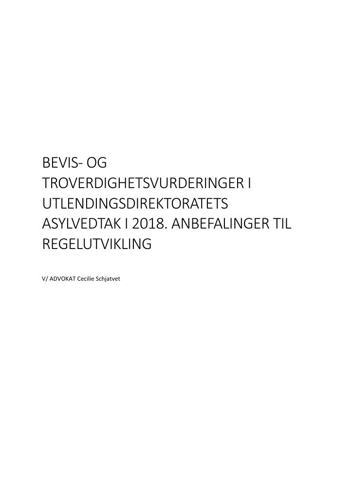 Forsiden av dokumentet Bevis- og troverdighetsvurderinger i Utlendingsdirektoratets asylvedtak i 2018. Anbefalinger til regelutvikling