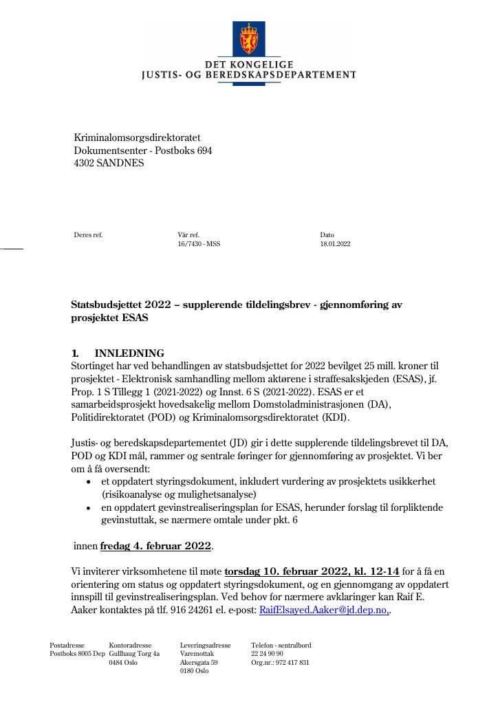Forsiden av dokumentet Tildelingsbrev Kriminalomsorgen 2022 - tillegg