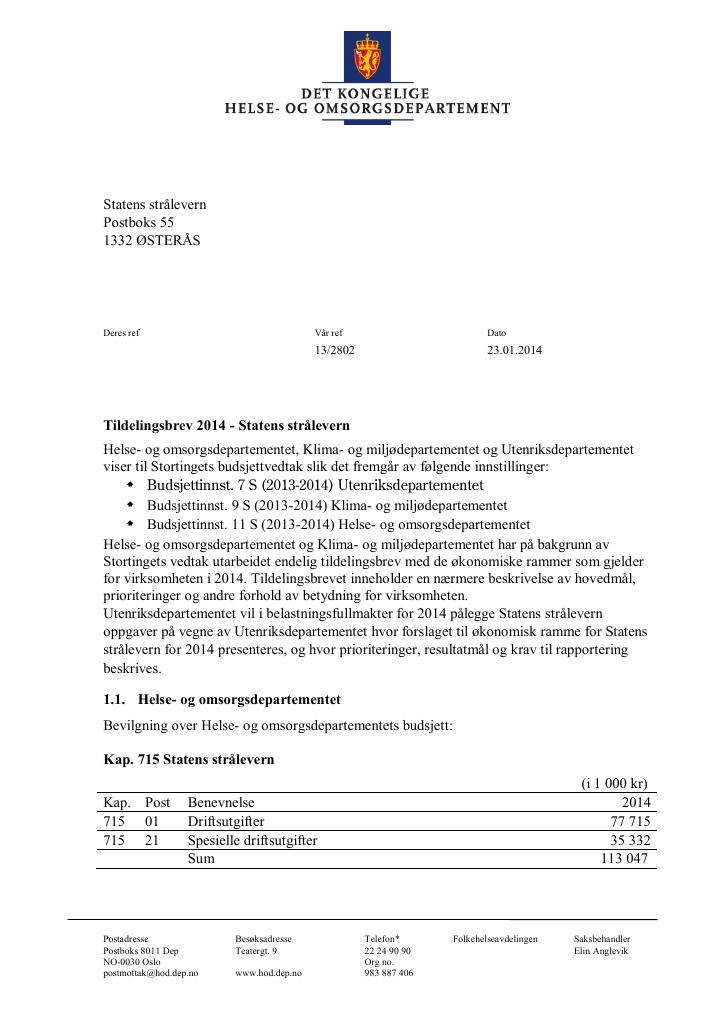 Forsiden av dokumentet Tildelingsbrev (pdf)