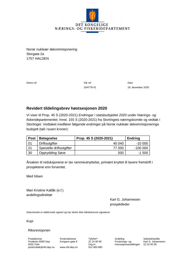 Forsiden av dokumentet Tildelingsbrev Norsk nukleær dekommisjonering 2020