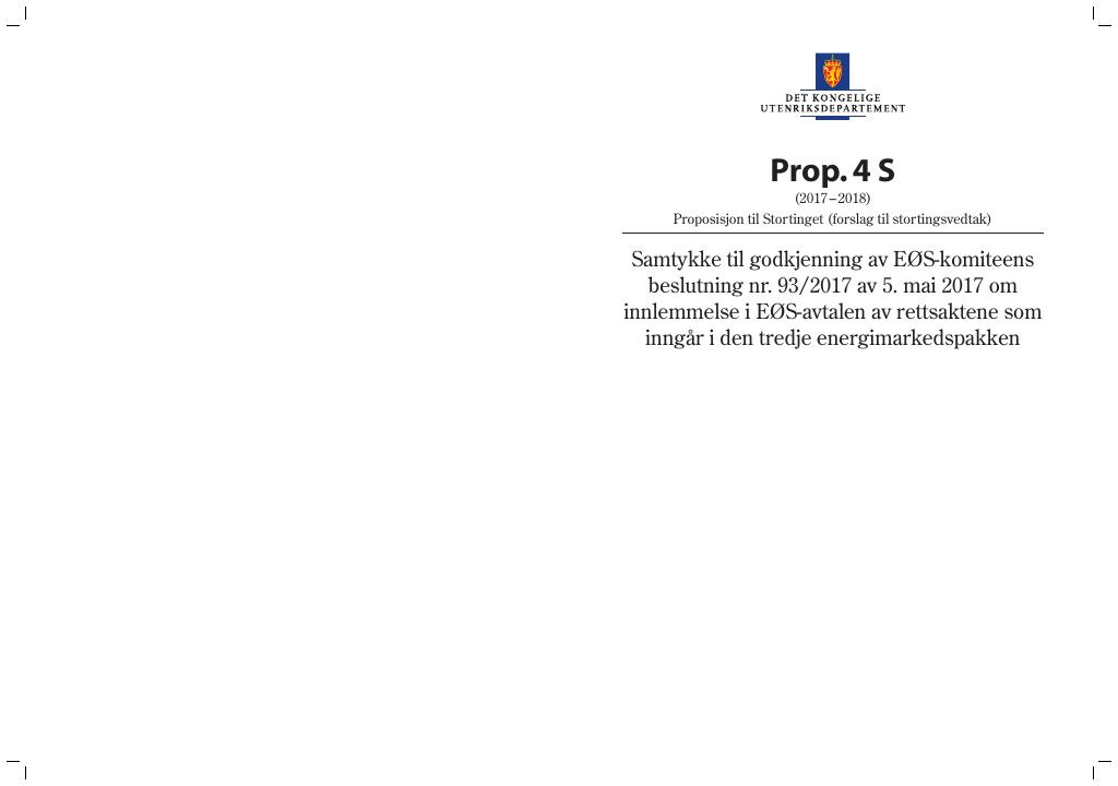 Forsiden av dokumentet Prop. 4 S (2017–2018)