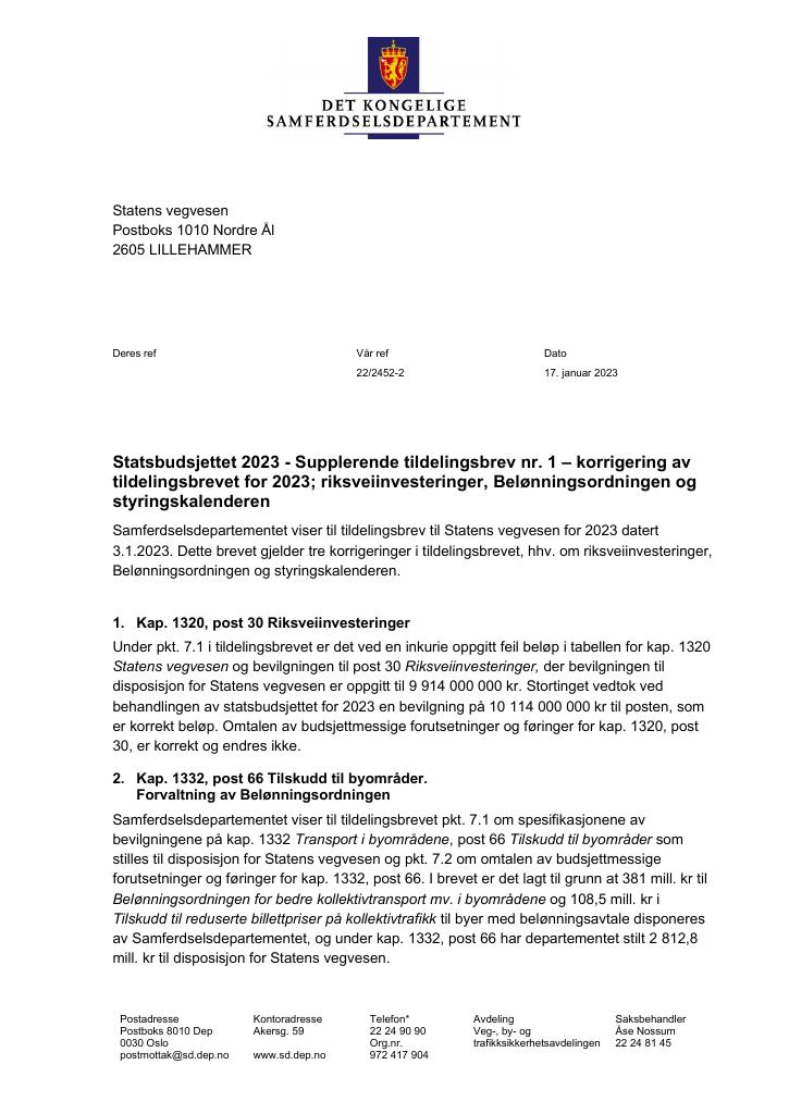Forsiden av dokumentet Tildelingsbrev Statens vegvesen 2023 - tillegg nr. 1