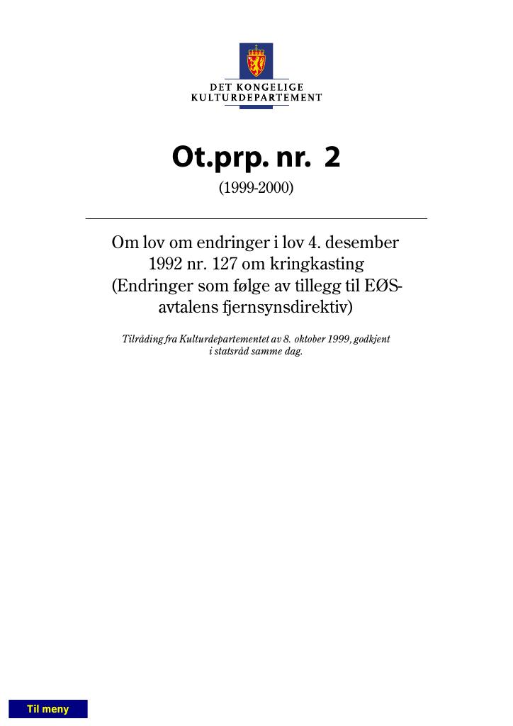 Forsiden av dokumentet Ot.prp. nr. 2 (1999-2000)