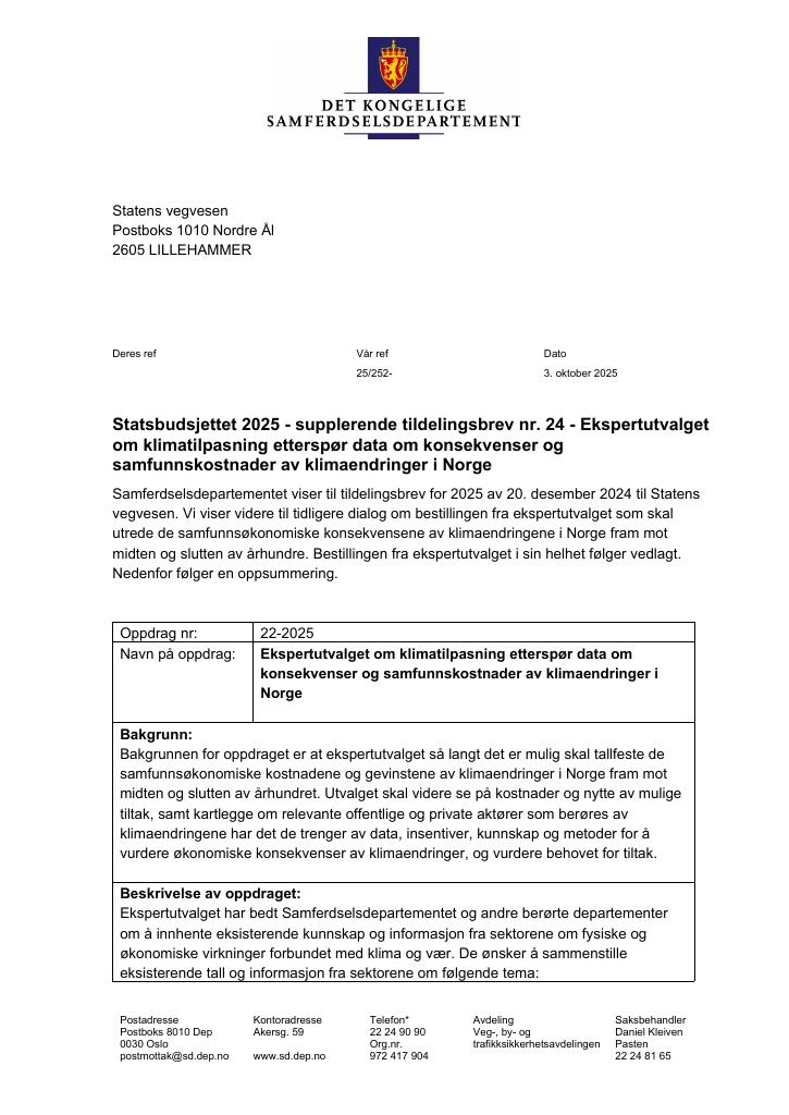 Forsiden av dokumentet Tildelingsbrev Statens vegvesen 2025 - tillegg nr. 24
