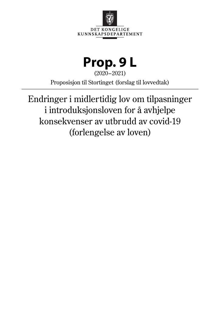 Forsiden av dokumentet Prop. 9 L (2020–2021)