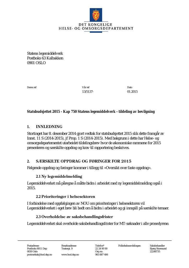Forsiden av dokumentet Statsbudsjettet 2015: Tildelingsbrev Statens legemiddelverk