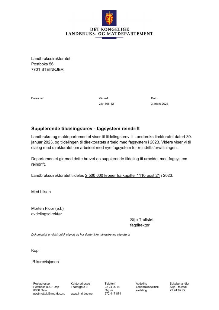 Forsiden av dokumentet Tildelingsbrev Landbruksdirektoratet 2023 - tillegg nr. 1