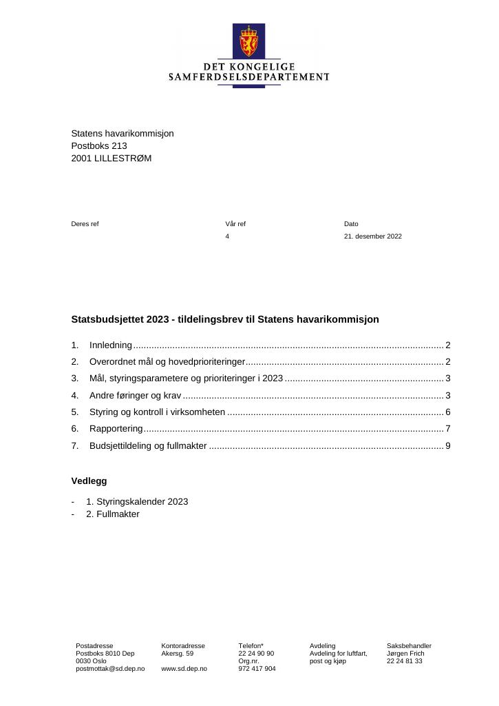 Forsiden av dokumentet Tildelingsbrev Statens havarikommisjon 2023