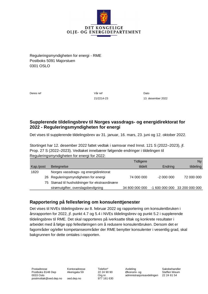 Forsiden av dokumentet Tildelingsbrev til Norges vassdrags- og energidirektorat for 2022 - tillegg