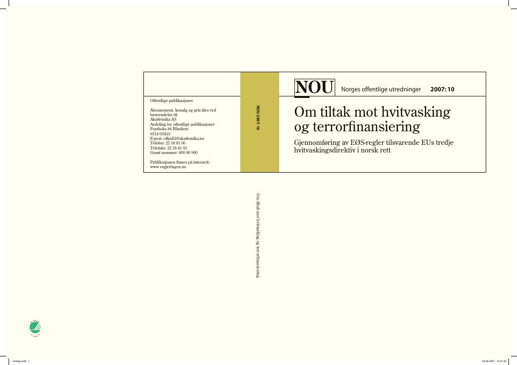 Forsiden av dokumentet NOU 2007: 10 - Om tiltak mot hvitvasking og terrorfinansiering