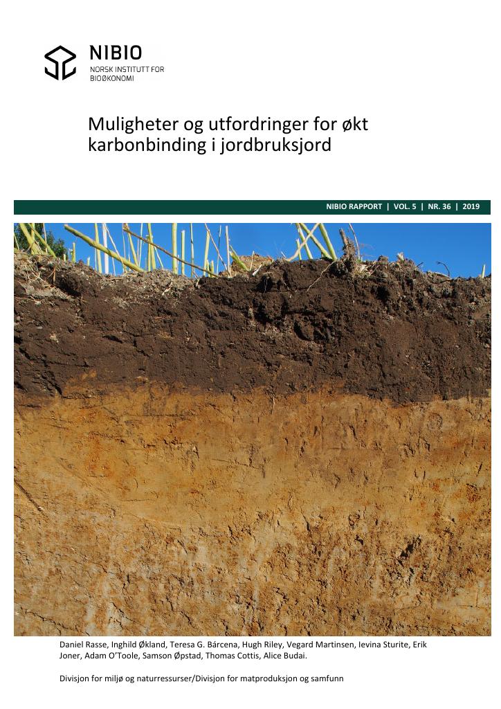 Forsiden av dokumentet Muligheter og utfordringer for økt karbonbinding i jordbruksjord