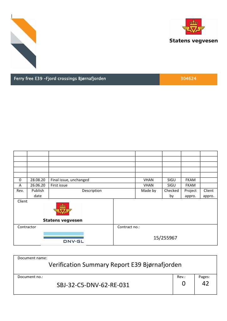 Forsiden av dokumentet Verification Summary Report E39 Bjørnafjorden