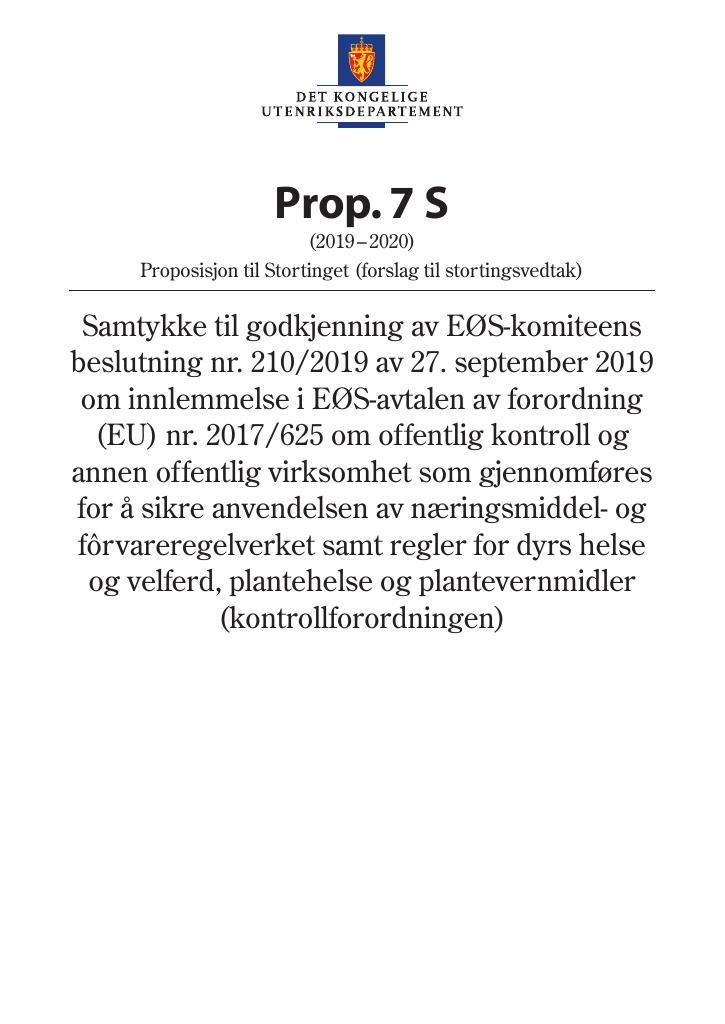 Forsiden av dokumentet Prop. 7 S (2019–2020)