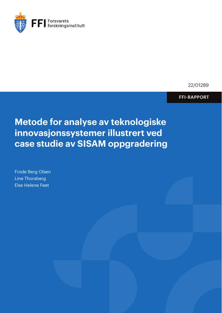 Forsiden av dokumentet Metode for analyse av teknologiske innovasjonssystemer illustrert ved case studie av SISAM oppgradering