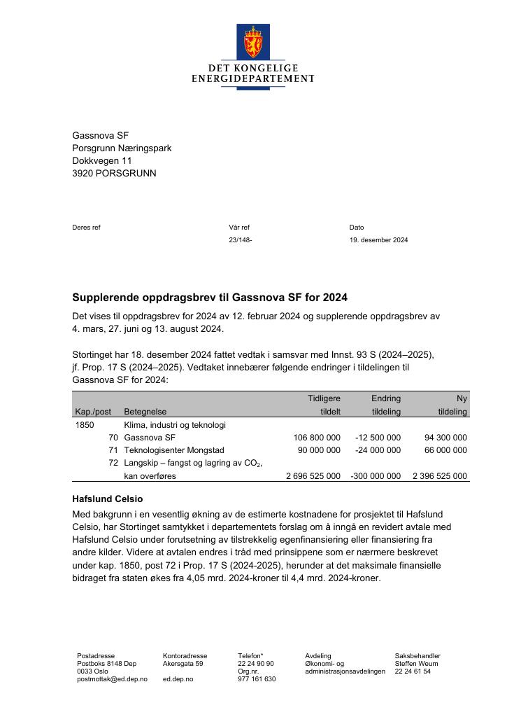 Forsiden av dokumentet Tildelingsbrev Gassnova SF 2024 - tillegg nr. 4