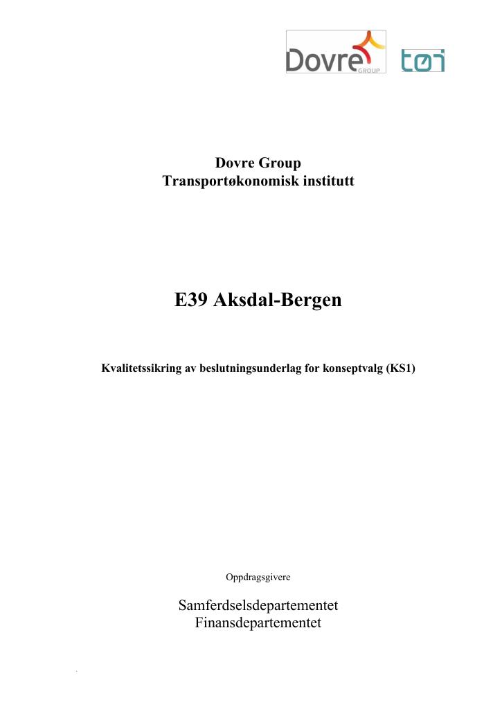 Forsiden av dokumentet Kvalitetssikring (KS1) av E39 Aksdal-Bergen