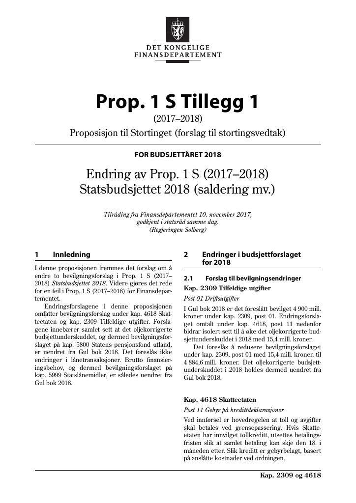 Forsiden av dokumentet Prop. 1 S Tillegg nr. 1 (2017–2018)