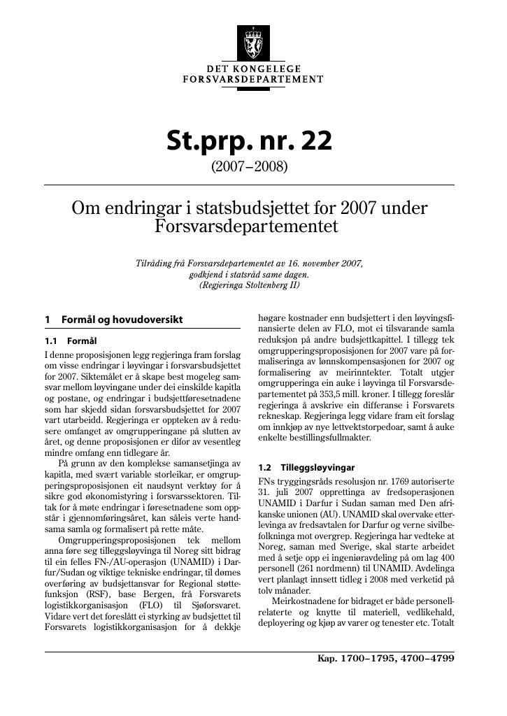 Forsiden av dokumentet St.prp. nr. 22 (2007-2008)
