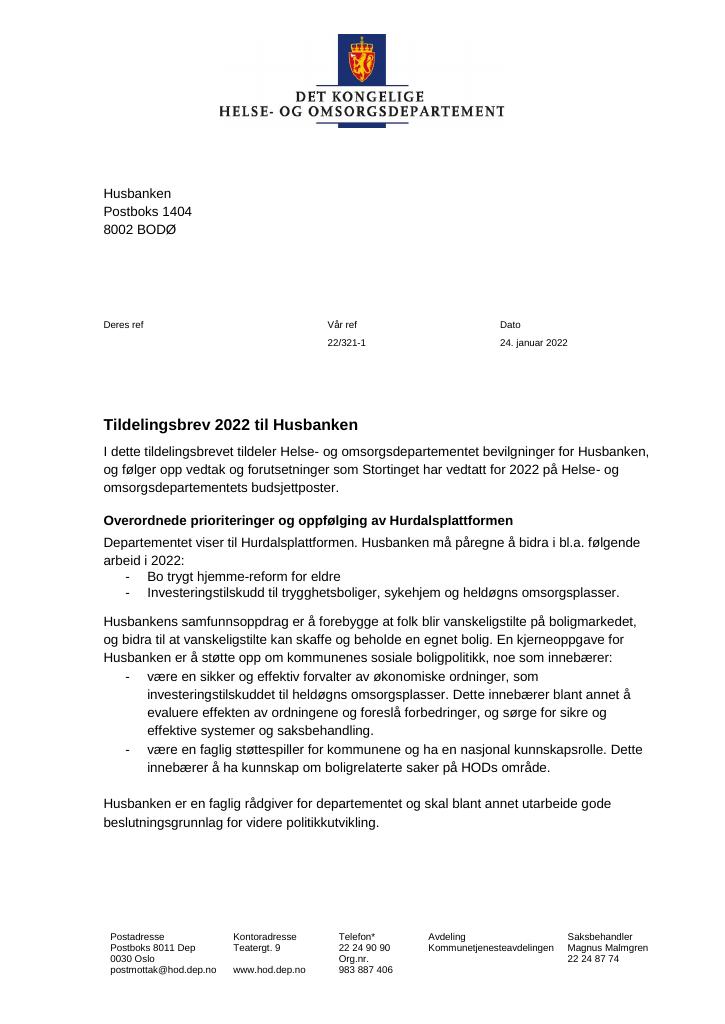 Forsiden av dokumentet Tildelingsbrev Husbanken 2022