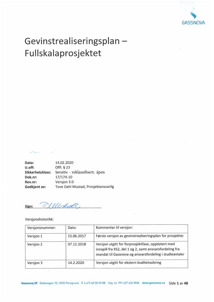 Forsiden av dokumentet Gevinstrealiseringsplan - Fullskalaprosjektet
