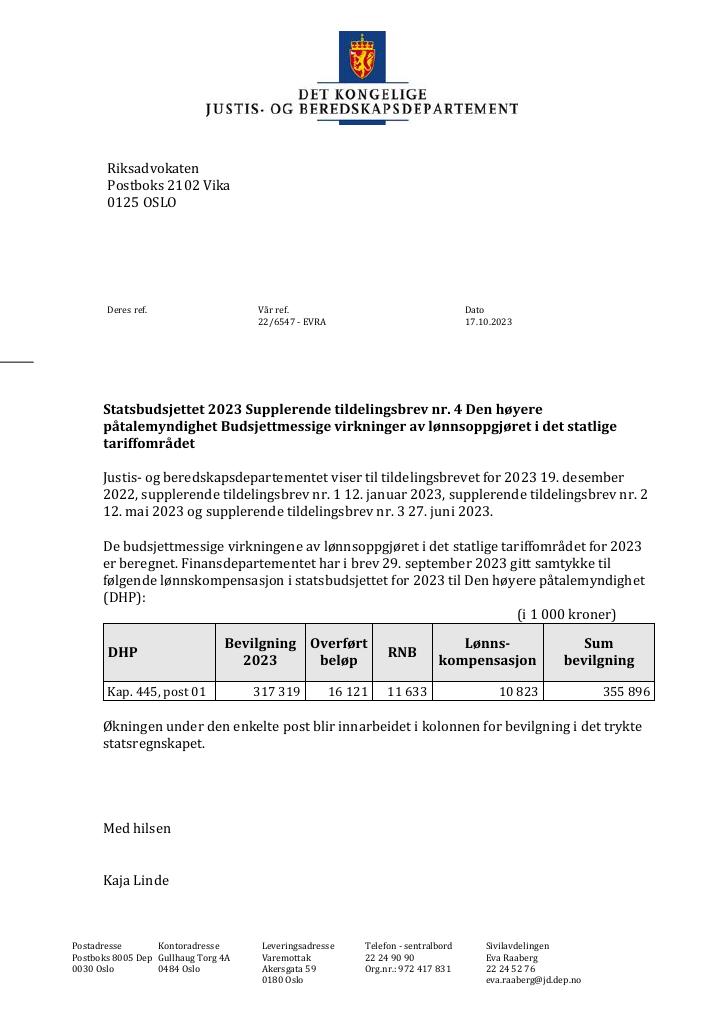 Forsiden av dokumentet Tildelingsbrev Riksadvokaten (Den høyere påtalemyndighet) 2023 - tillegg nr. 4