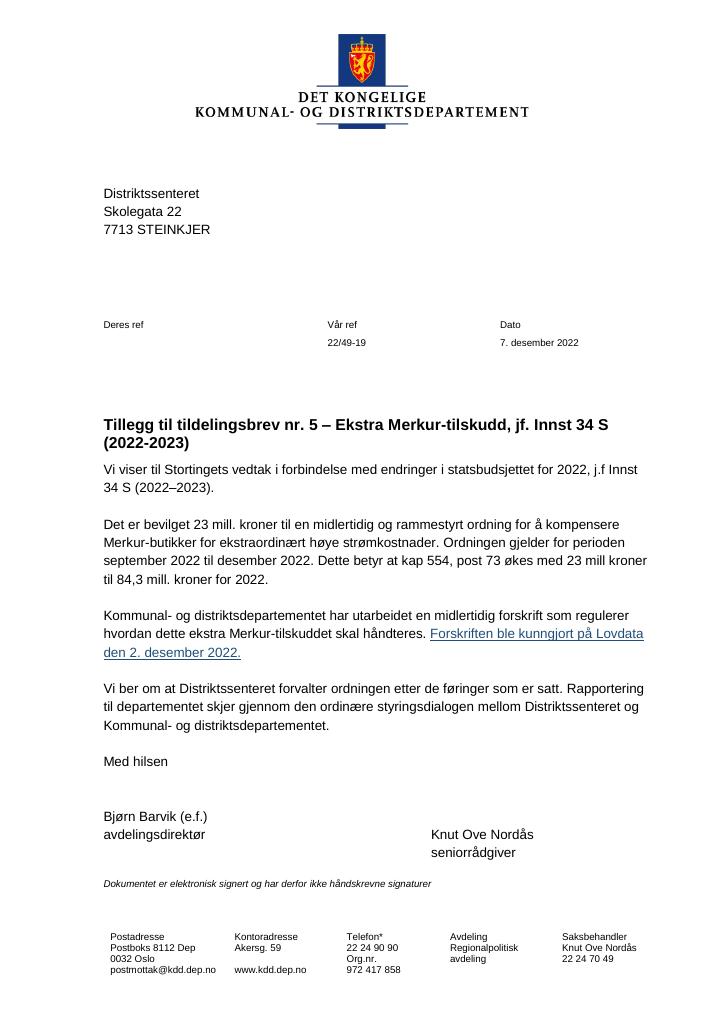 Forsiden av dokumentet Tildelingsbrev Distriktssenteret 2022 - tillegg nr. 5