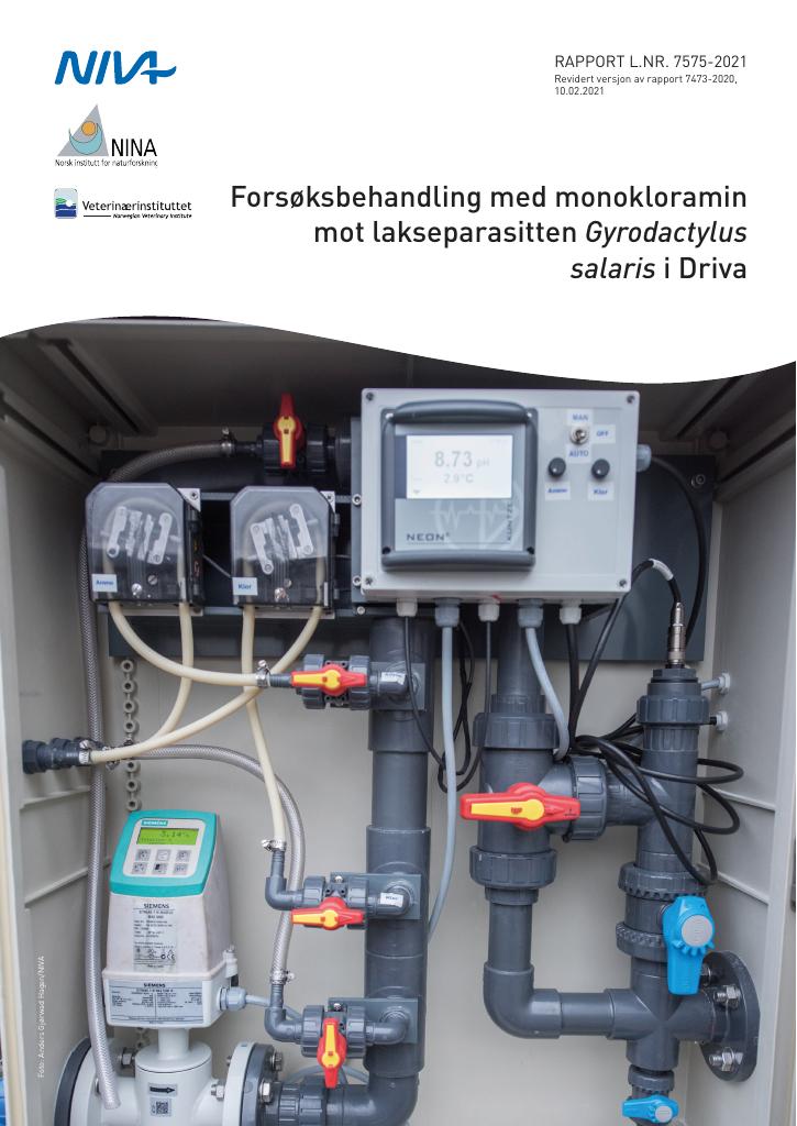 Forsiden av dokumentet Forsøksbehandling med monokloramin mot lakseparasitten Gyrodactylus  salaris i Driva