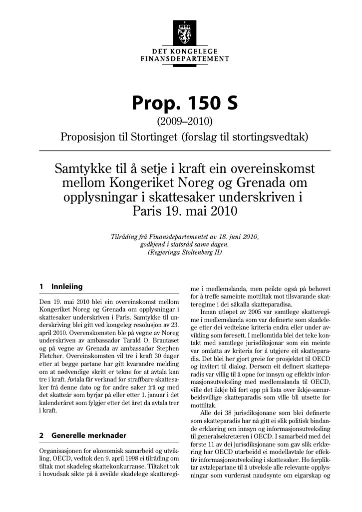 Forsiden av dokumentet Prop. 150 S (2009-2010)
