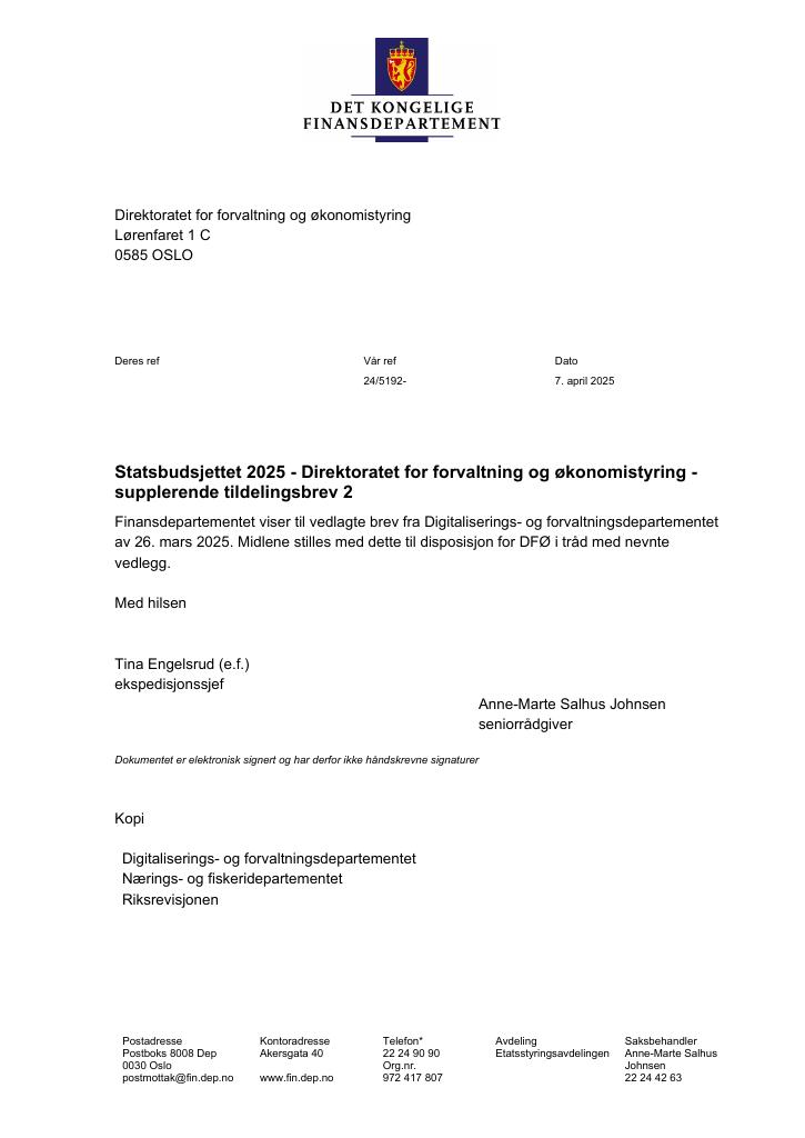 Forsiden av dokumentet Tildelingsbrev Direktoratet for forvaltning og økonomistyring 2025 - tillegg nr. 2