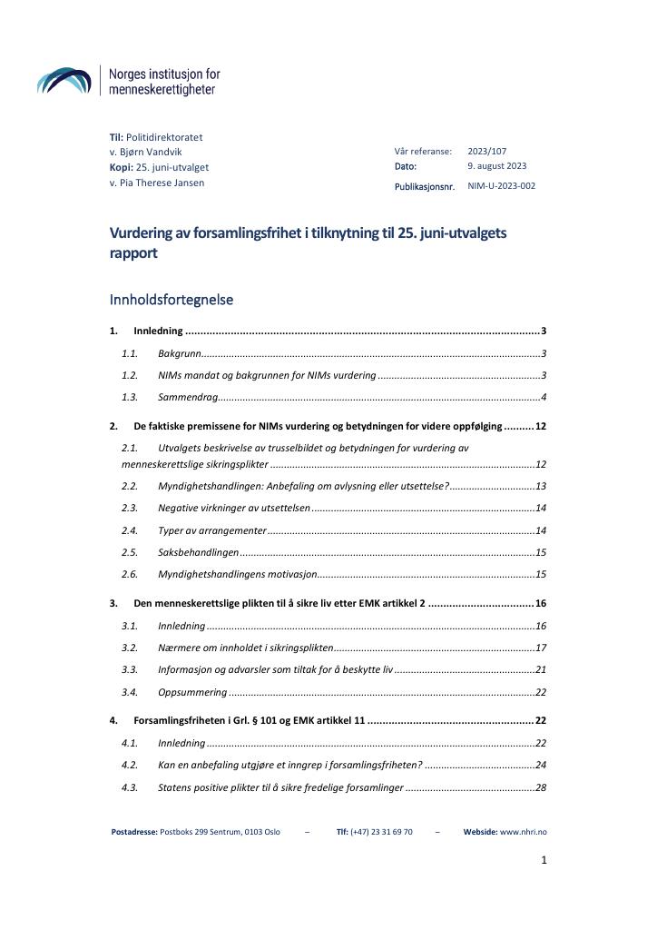 Forsiden av dokumentet Vurdering av forsamlingsfrihet i tilknytning til 25. juni-utvalgets
rapport