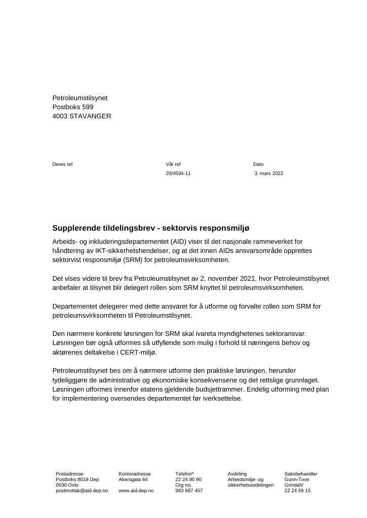 Forsiden av dokumentet Tildelingsbrev Petroleumstilsynet 2022 - tillegg nr. 2