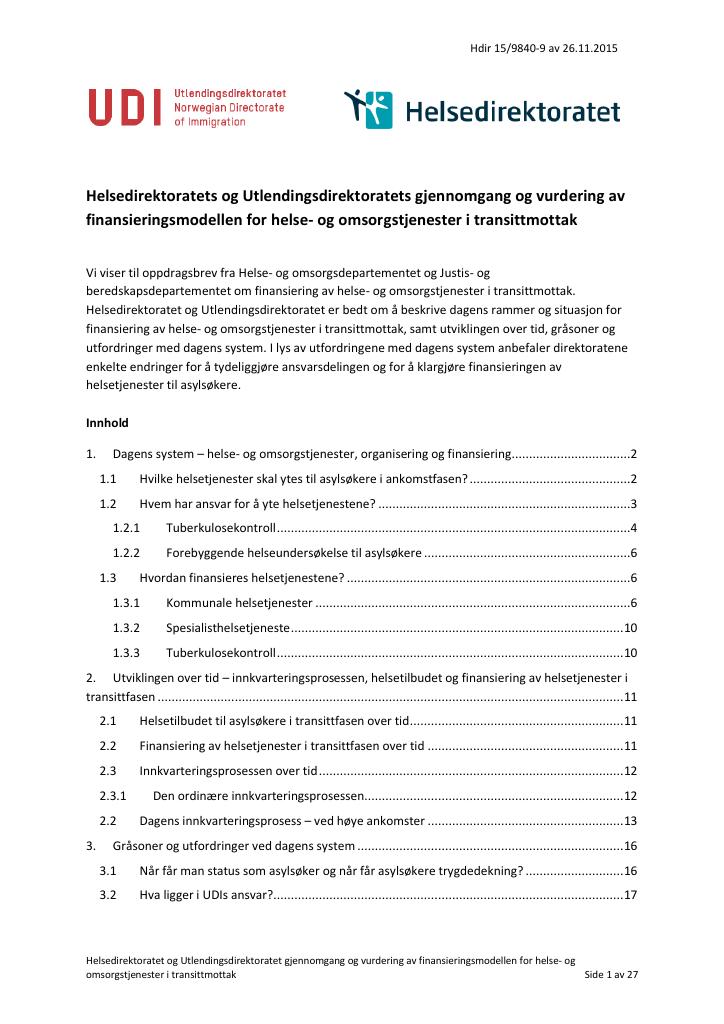Forsiden av dokumentet Helsedirektoratets og Utlendingsdirektoratets gjennomgang og vurdering av finansieringsmodellen for helse- og omsorgstjenester i transittmottak