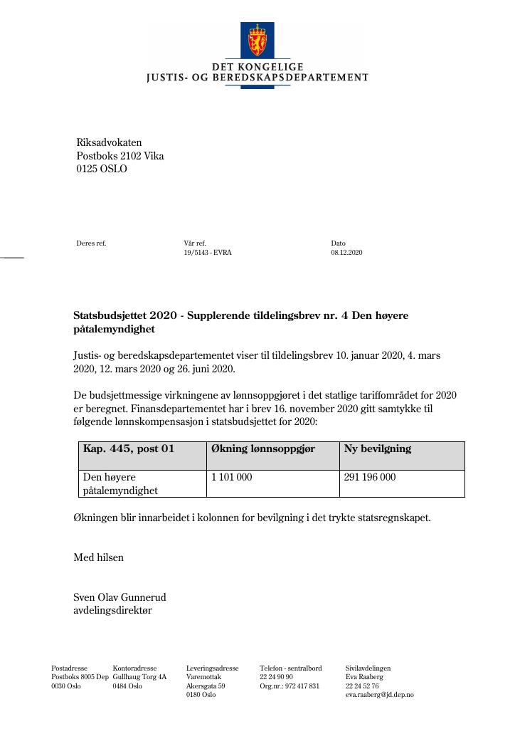 Forsiden av dokumentet Tildelingsbrev Riksadvokaten 2020 - tillegg nr. 4
