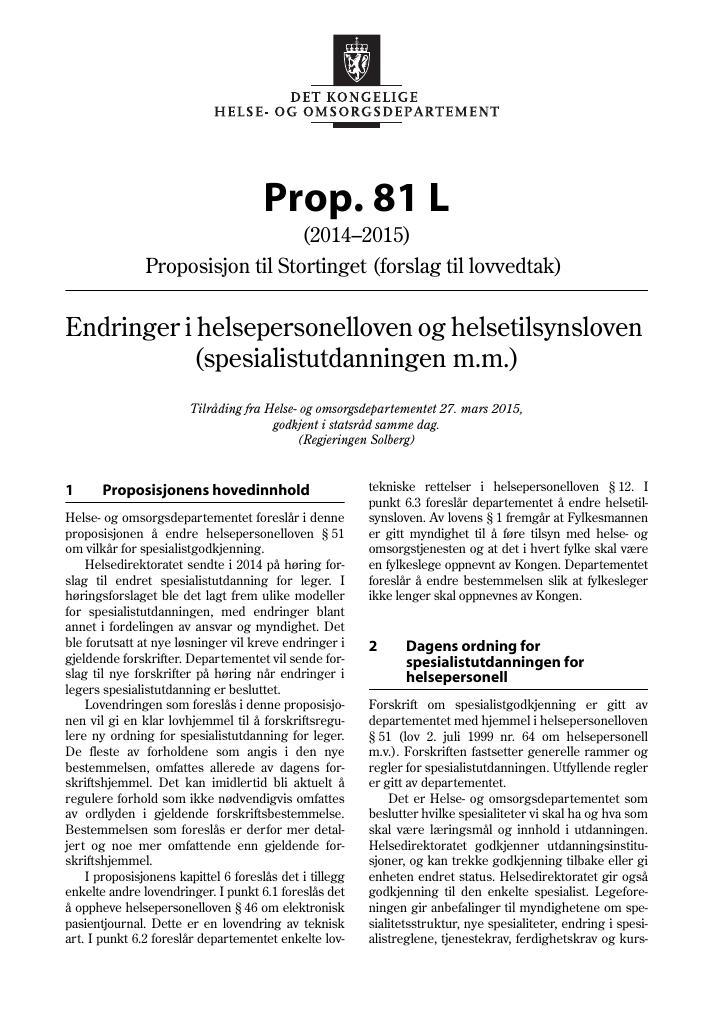 Forsiden av dokumentet Prop. 81 L (2014-2015)