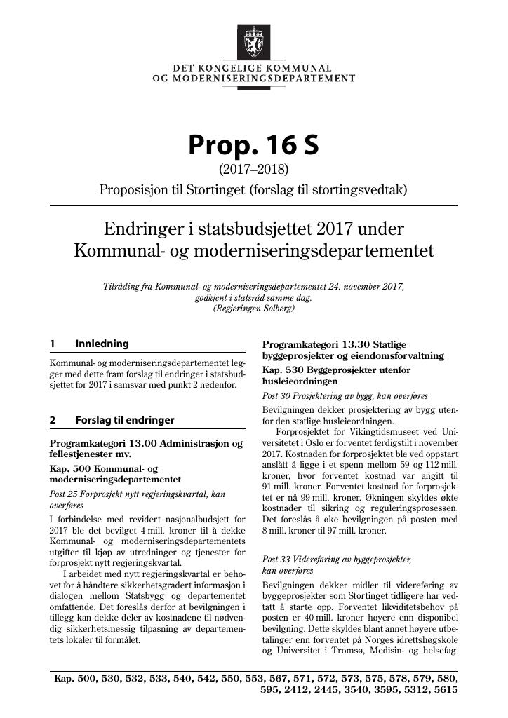 Forsiden av dokumentet Prop. 16 S (2017–2018)