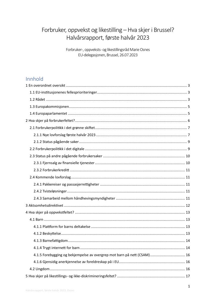 Forsiden av dokumentet Halvårsrapport EU Forbruker-, oppveksts- og likestilling, første halvår 2023