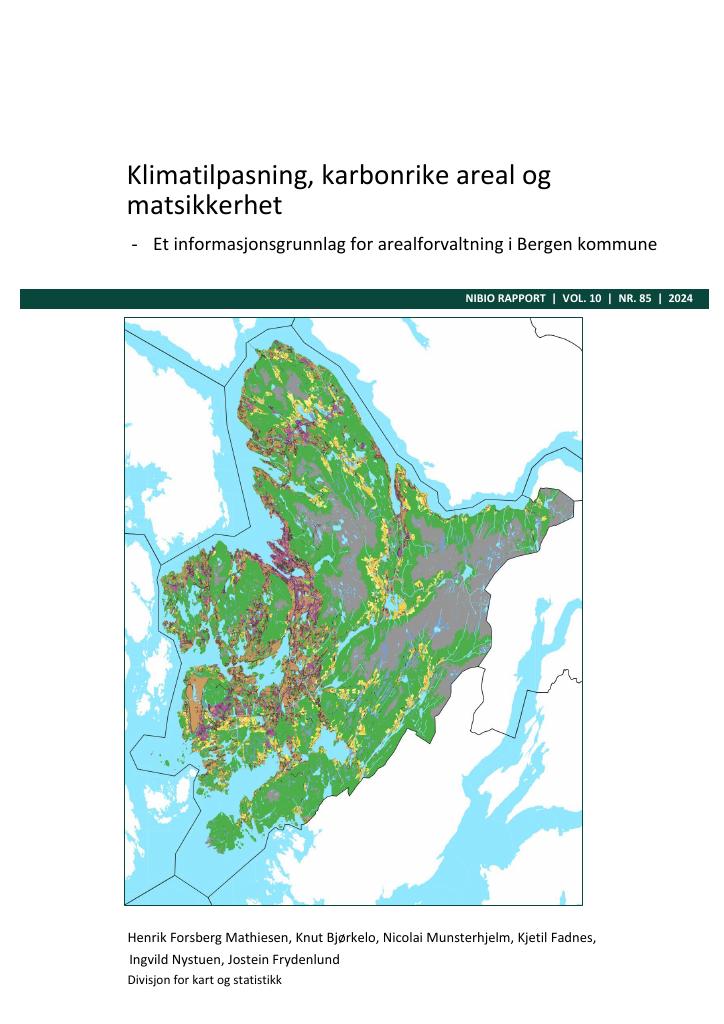 Forsiden av dokumentet Klimatilpasning, karbonrike areal og matsikkerhet - Et informasjonsgrunnlag for arealforvaltning i Bergen kommune