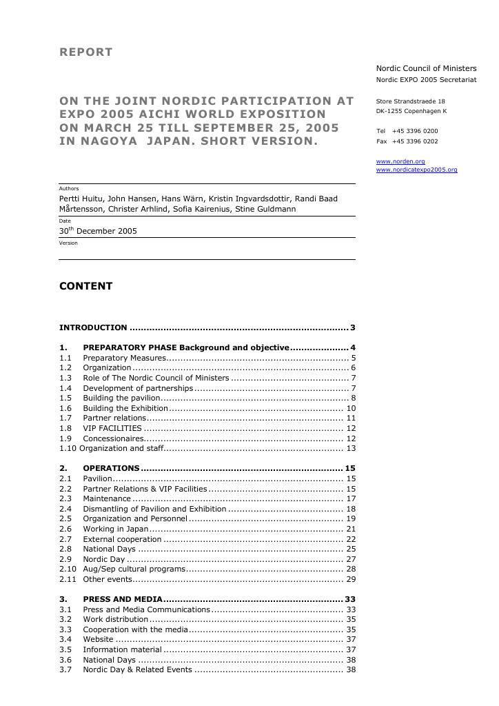 Forsiden av dokumentet On the joint Nordic participation at Expo 2005 aichi wordl exposition on March 25 till September 25, 2005 in Nagoya, Japan. Short version.