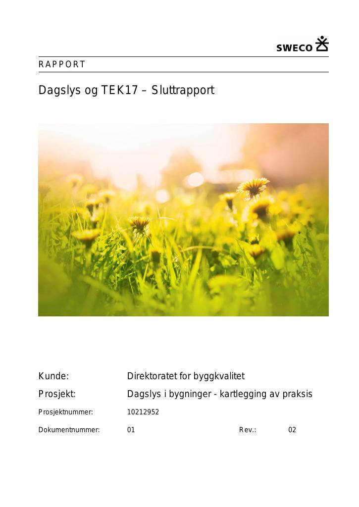 Forsiden av dokumentet Dagslys og TEK17 - Sluttrapport