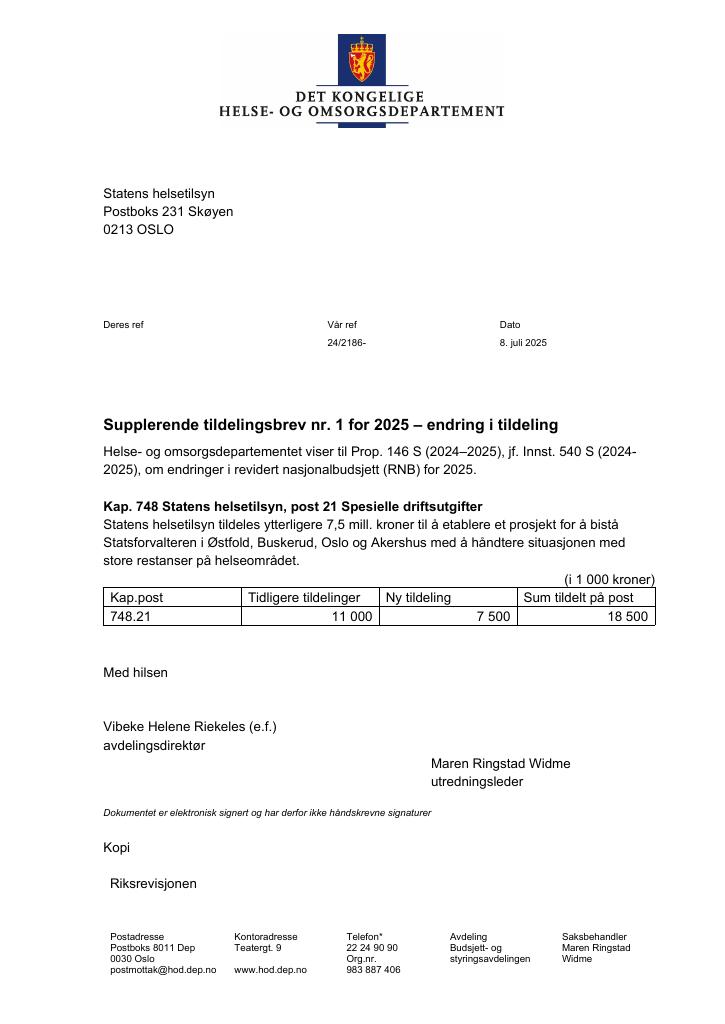 Forsiden av dokumentet Tildelingsbrev Statens helsetilsyn 2025 - tillegg nr. 1