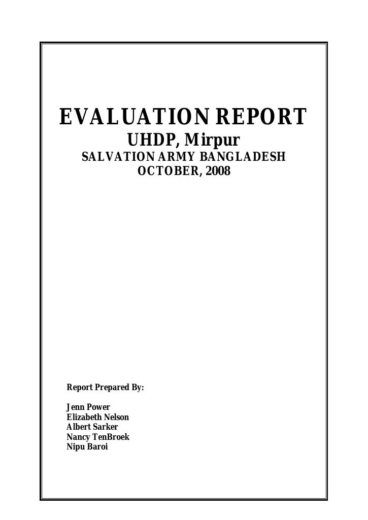 Forsiden av dokumentet Evaluation report UHDP, Mirpur - Salvation Army Bangladesh, October 2008