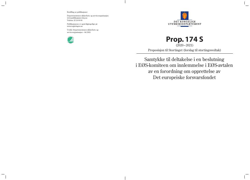 Forsiden av dokumentet Prop. 174 S (2020–2021)