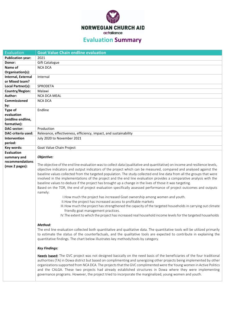 Forsiden av dokumentet Goat Value Chain endline evaluation