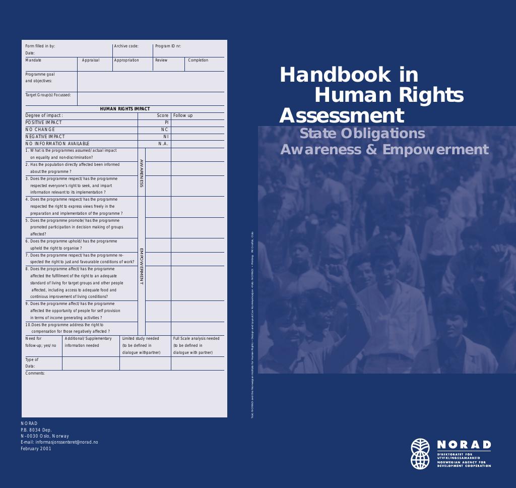 Forsiden av dokumentet Handbook in human rights assessment : state obligations awareness & empowerment