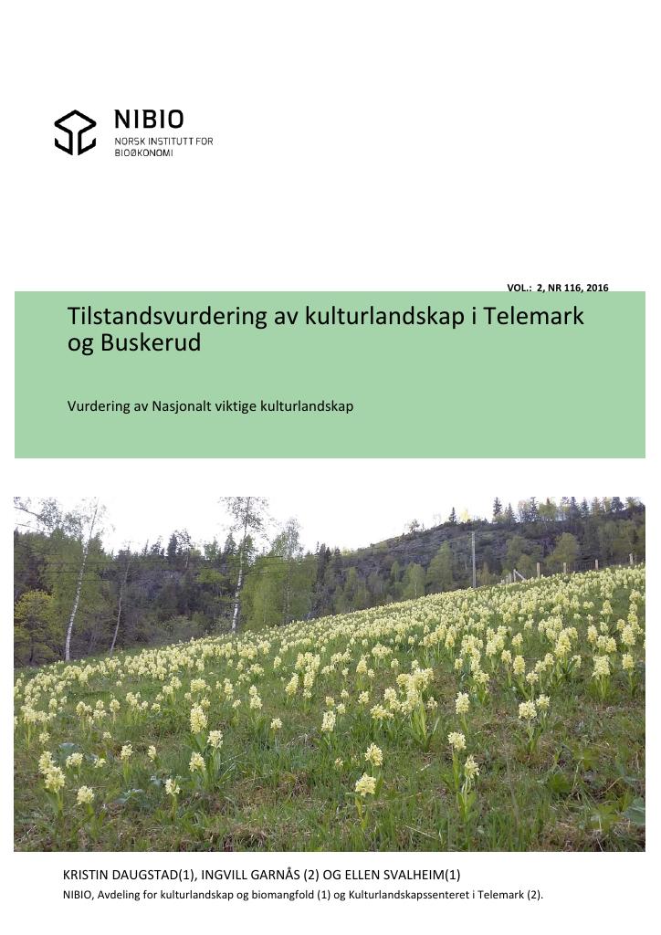 Forsiden av dokumentet Tilstandsvurdering av kulturlandskap i Telemark og Buskerud : vurdering av Nasjonalt viktige kulturlandskap