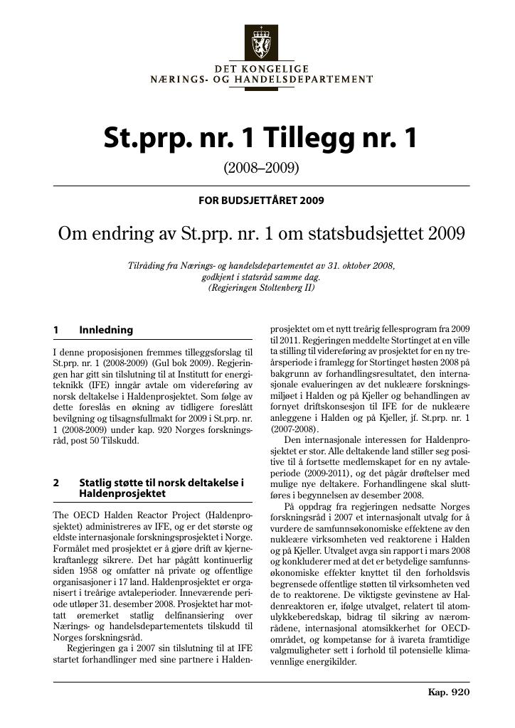 Forsiden av dokumentet St.prp nr. 1 Tillegg nr. 1 (2008-2009)