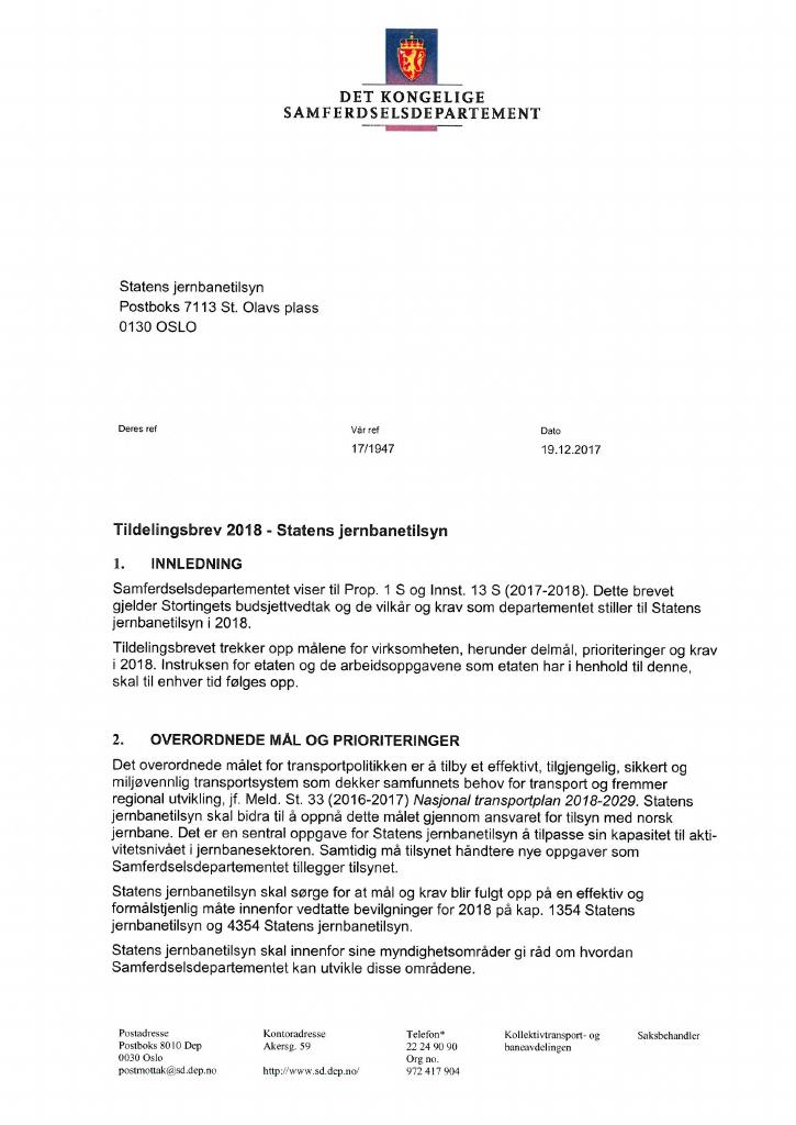 Forsiden av dokumentet Tildelingsbrev Statens jernbanetilsyn 2018