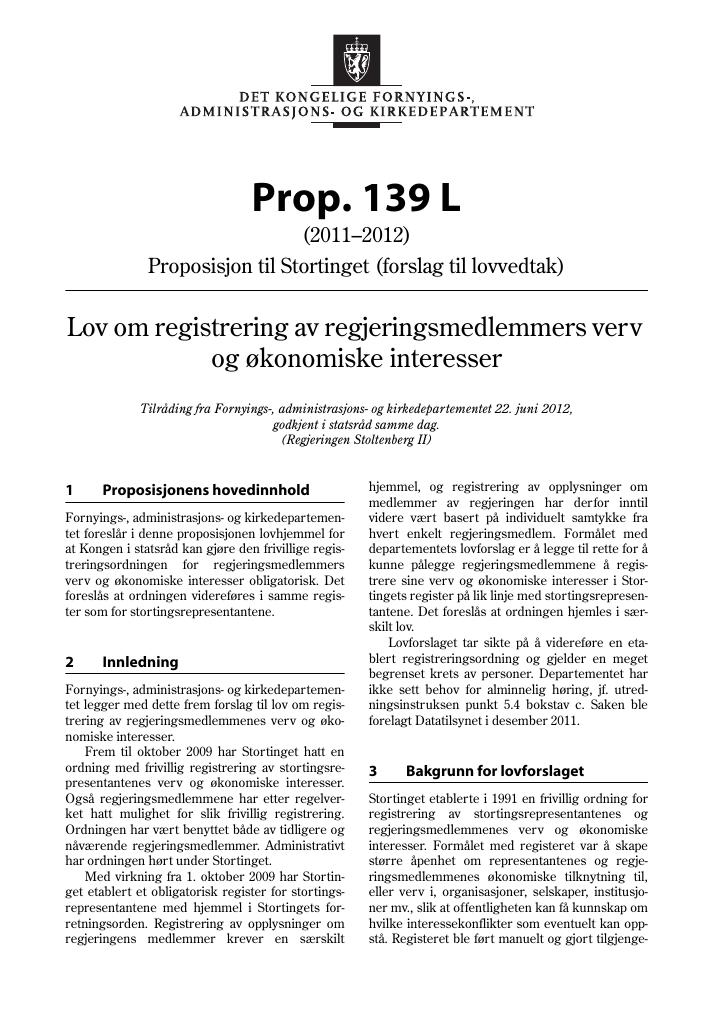 Forsiden av dokumentet Prop. 139 L (2011–2012)