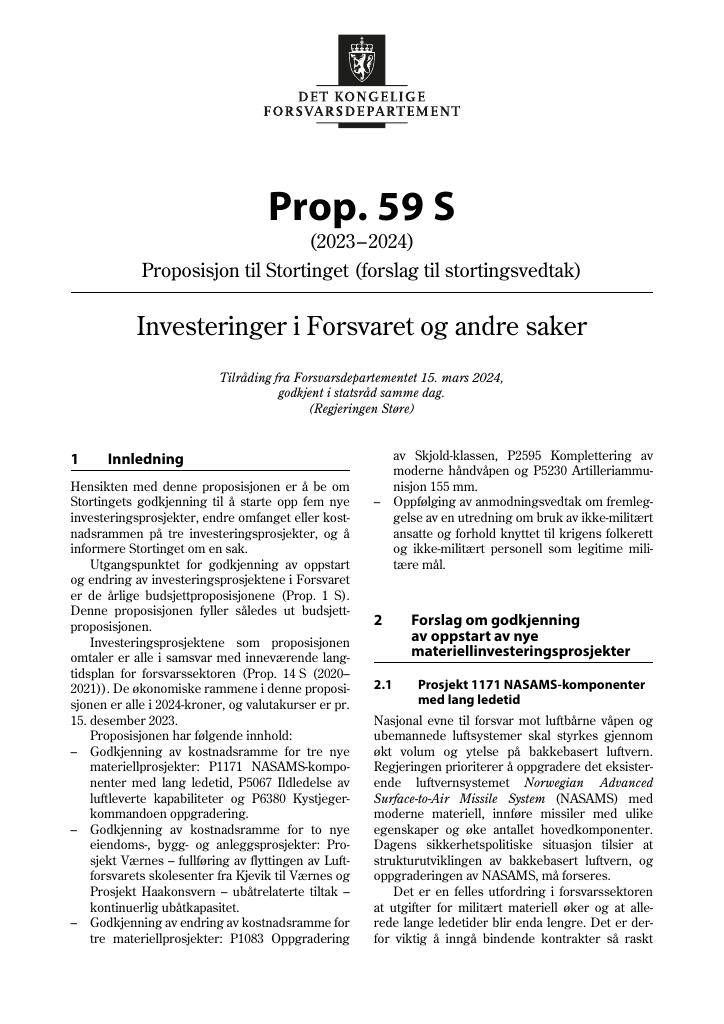 Forsiden av dokumentet Prop. 59 S (2023–2024)