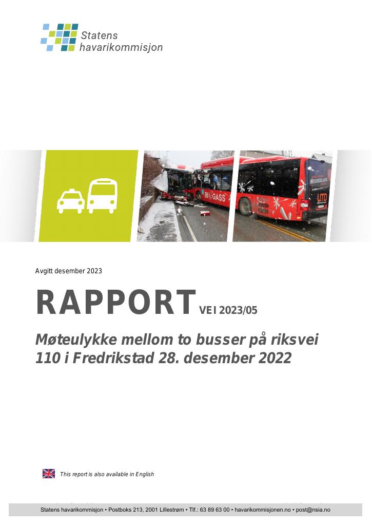 Forsiden av dokumentet Rapport om møteulykke mellom to busser på riksvei 110 i Fredrikstad 28. desember 2022